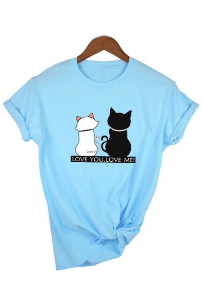 Womens Cartoon Cats LOVE YOU LOVE ME Printed Short Sleeve Casual T-Shirt