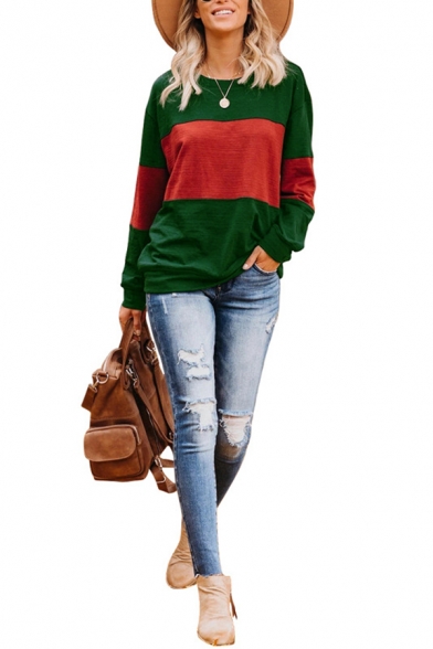 Womens Casual Colorblocked Long Sleeve Crew Neck Pullover Sweatshirt
