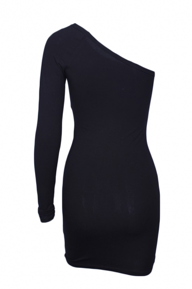 Womens Casual Plain One-Shoulder Single Sleeve Mini Tight Dress for Club