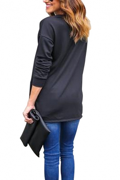 Womens Chic Flower Embroidery Long Sleeve Round Neck Long Sleeve T-Shirt in Black