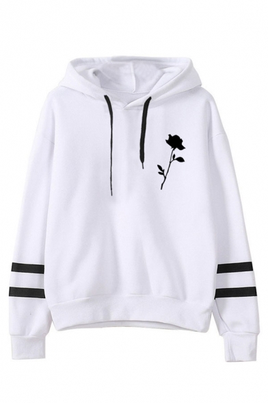 Womens Creative Rose Printed Double Stripes Long Sleeve Casual Drawstring Hoodie