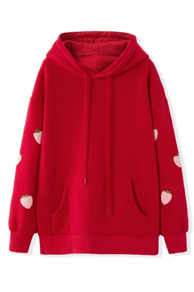 Womens Cute Strawberry Printed Long Sleeve Pouch Pocket Red Oversized Hoodie
