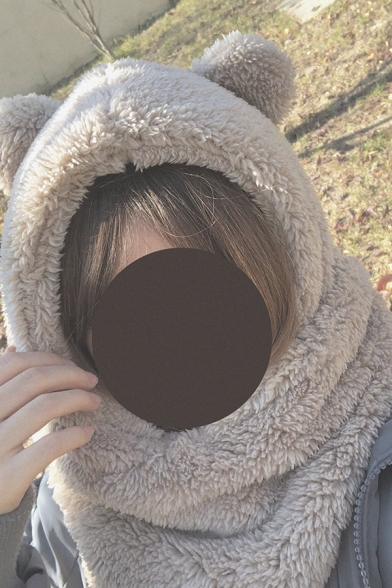Womens Cute Warm Plain Fluffy Fleece Hooded Scarf with Bear Ear