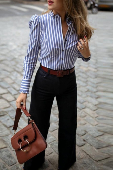 Womens Elegant Blue Stripe Single Breasted Puff Long Sleeve Lettuce-Edge Trim Shirt