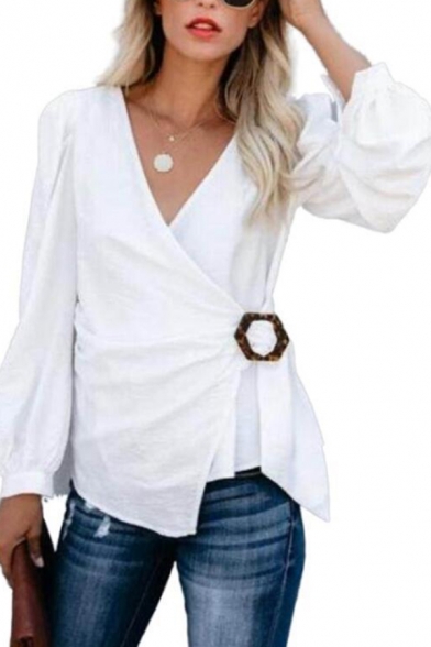 Womens Elegant Plain White Long Sleeves V-Neck Buckle Wrap Blouse Top
