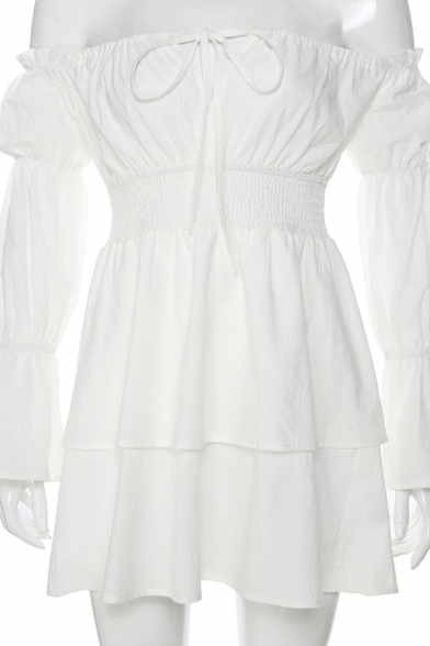 Womens Elegant White Tied Off Shoulder Bell Long Sleeve Ruched Gathered Waist Mini Party Dress