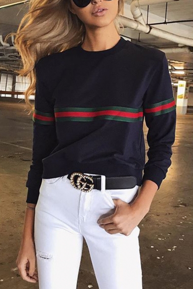 Womens Popular Color Block Stripe Printed Long Sleeve Crew Neck Loose Pullover Sweatshirt