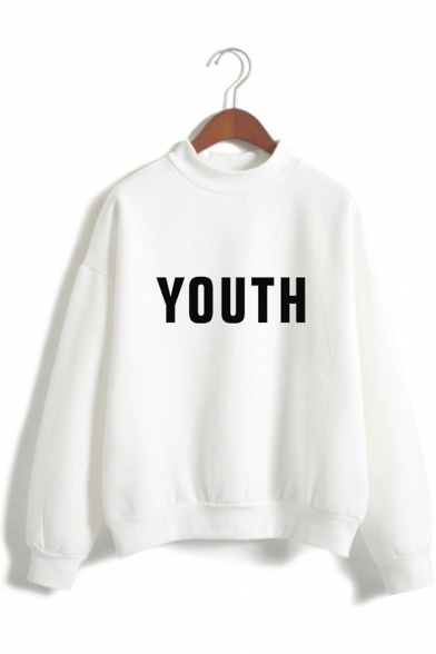 Womens Popular YOUTH Letter Printed Long Sleeve Mock Neck Loose Pullover Sweatshirt
