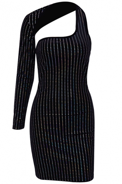 Womens Sexy Black Iridescent Rhinestone Studded One Shoulder Sleeve Mini Designer Fitted Dress with Cut Out Detail