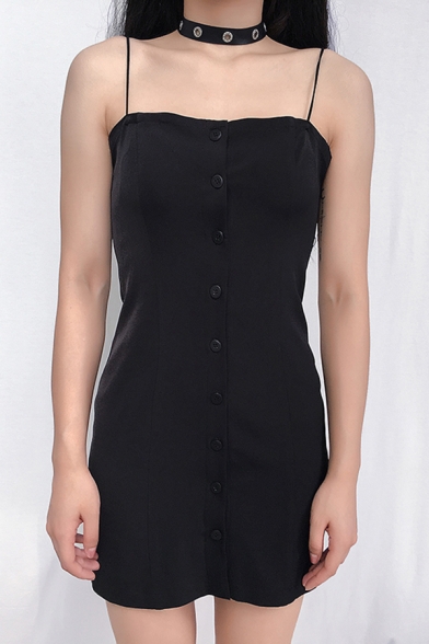Womens Sexy Plain Black Button Spaghetti Straps Down Mini Fitted Cami Dress for Party