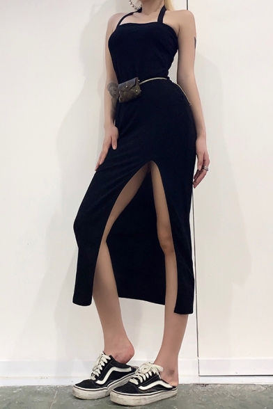 Womens Sexy Plain Black Halter Neck Split Front Slim Fit Maxi Party Dress