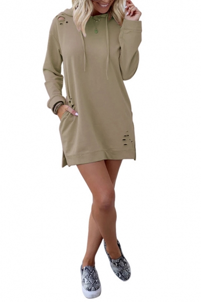 Womens Simple Plain Long Sleeve Ripped Detail Tunic Drawstring Hoodie Dress