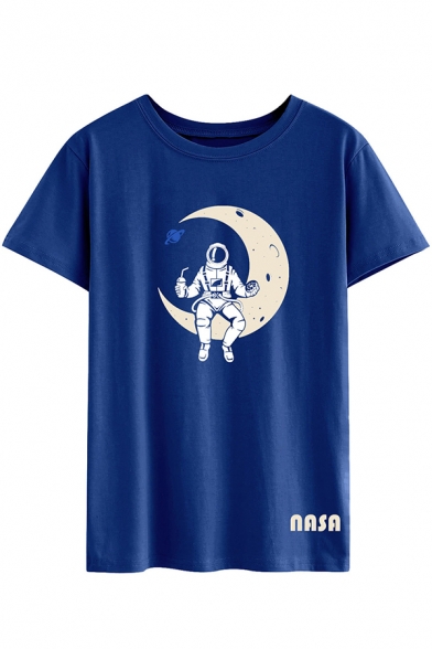 Womens Stylish Astronaut and Moon Pattern Crewneck Short Sleeve Loose T-Shirt