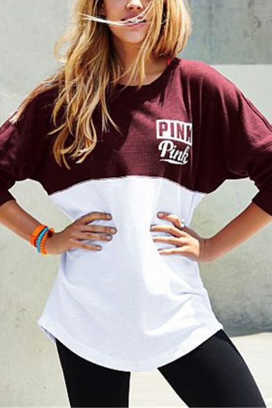 Womens Stylish PINK Letter Printed Long Sleeve Burgundy and White Casual Pullover Sweatshirt