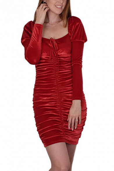 Womens Vintage Brick Red Square Neck Tied Front Puff Long Sleeve Ruched Velvet Mini Dress