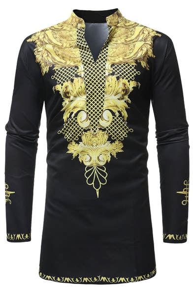 African Popular Printed Long Sleeve Curved Hem Black and Gold Fitted T-Shirt for Men