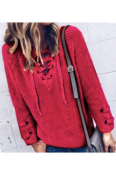 Basic Simple Plain Sexy Lace-Up V Neck Long Sleeve Pullover Sweater