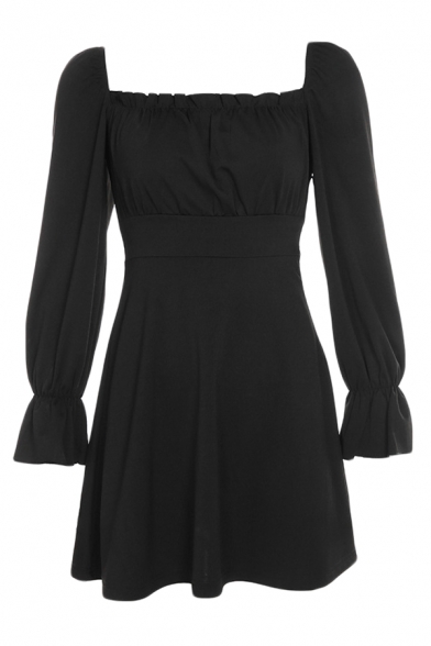 Black Sweet Style Stringy Selvedge Detail Square Neck Flared Long Sleeve Lace-Up Back Mini A-Line Party Dress