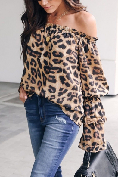 Chic Leopard Printed Off the Shoulder Ruffled Long Sleeve Loose Fit Brown Blouse Top