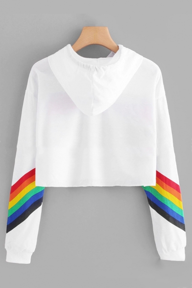 Chic Rainbow Striped Pattern Long Sleeve Loose Fit Cropped Drawstring Hoodie