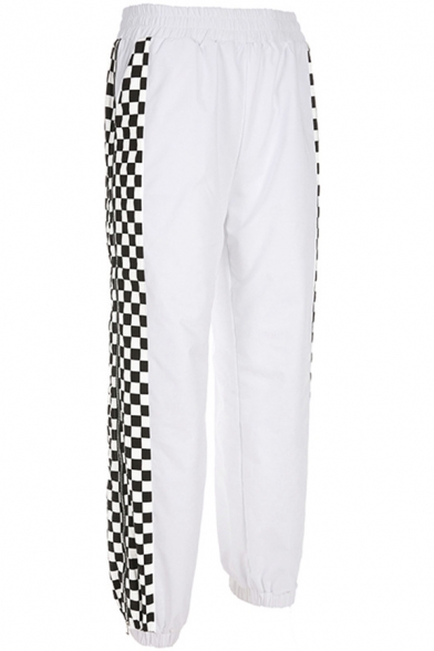 Cool Street White Elastic Waist Checkered Print Zipper Side Cuffed Ankle Baggy Trousers for Women