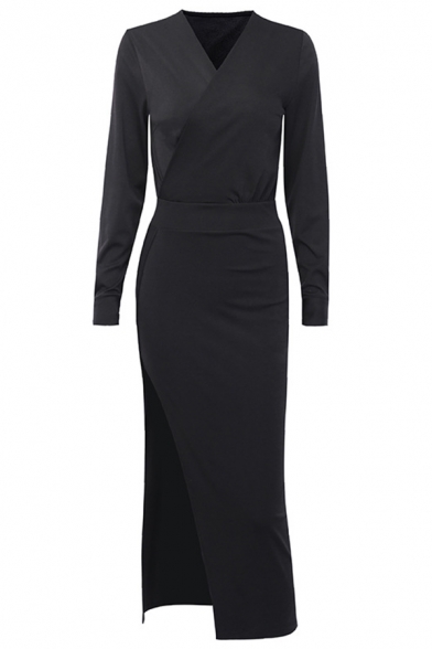 Edgy Womens Chic Solid Color V-Neck Long Sleeve High Split Maxi Party Dress