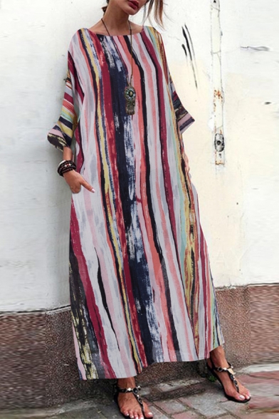 Fancy Girls' Three-Quarter Sleeve Round Neck Striped Patterned Maxi Oversized Bohemian Dresses