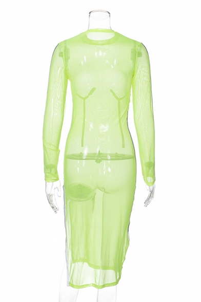 Fancy Reflective Stripes Printed Long Sleeve Side Split Fluorescent Green Midi Gauze Party Dress