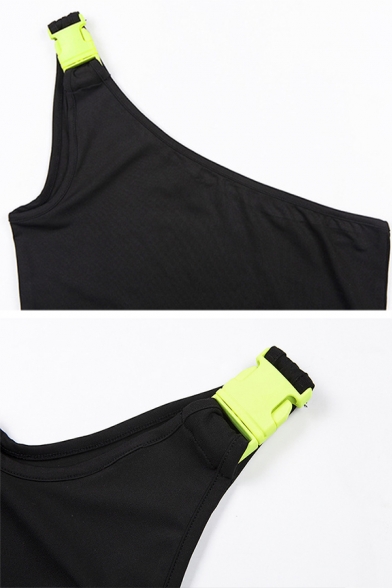 Fashion Girls' Sleeveless One-Shoulder Buckle Strap Neon Color Slim Fit Crop Tank Top