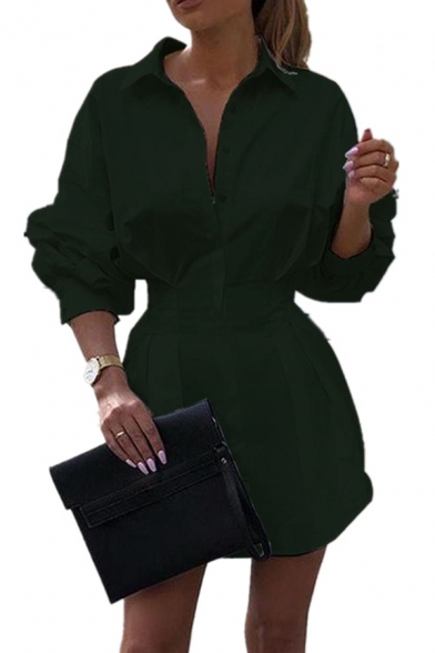 Fashion Long Sleeve Lapel Collar Button Down Plain Pleated Mini A-Line Shirt Dress for Women