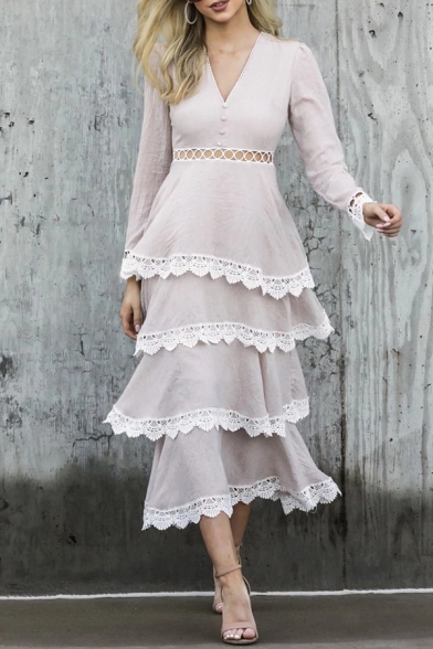 Formal Stylish Ladies' Long Sleeve V-Neck Button Hollow Out Waist Tiered Lace Trim Long A-Line Dress in Apricot