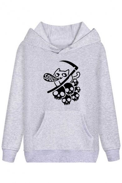 Funny Cat Got Your Soul Skull Ghost Printed Long Sleeve Pouch Pocket Regular Drawstring Hoodie