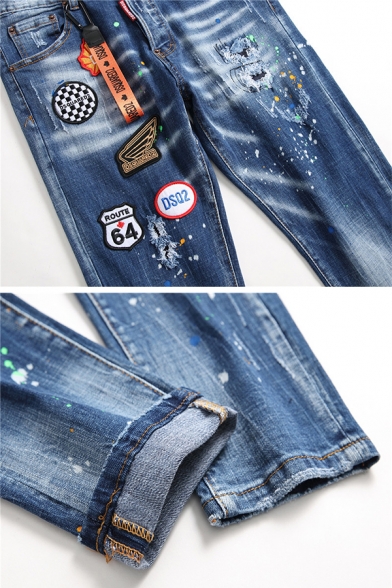Funny Embroidered Letter Pattern Patchwork Button Fly Blue Denim Pants Wash Jeans