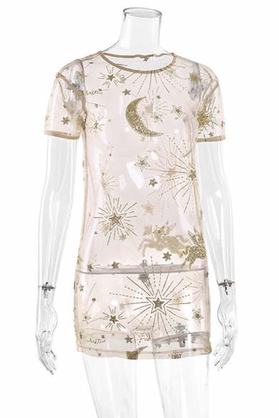 Funny Khaki Sequined Moon Stars Pattern Short Sleeve Mini Sheer Mesh T-Shirt Dress for Nightclub