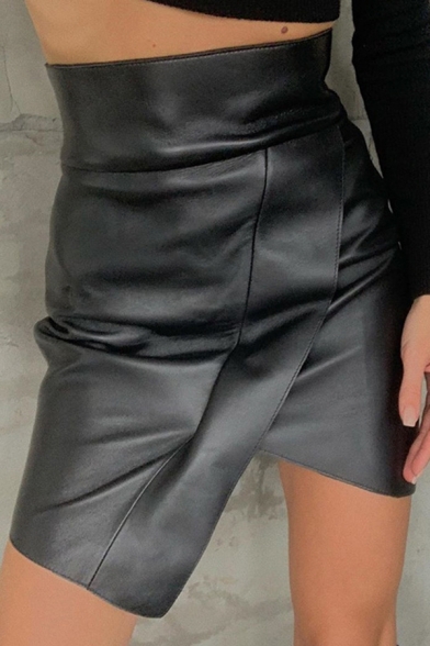 Girls' Black Cool High Waist Slit Front Zipper Back Asymmetric Leather Short Tight Wrap Skirt for Party