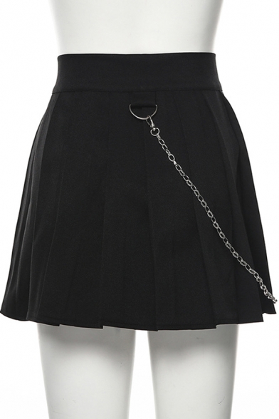 Girls' Cute Plain High Waisted Button Pin Chain Embellished Flared Pleated A-Line Mini Skirt