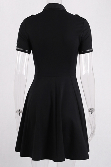 Girls Gothic Plain Black Lapel Collar Pentagram Print Button Down Drawstring Waist Mini A-Line Dress