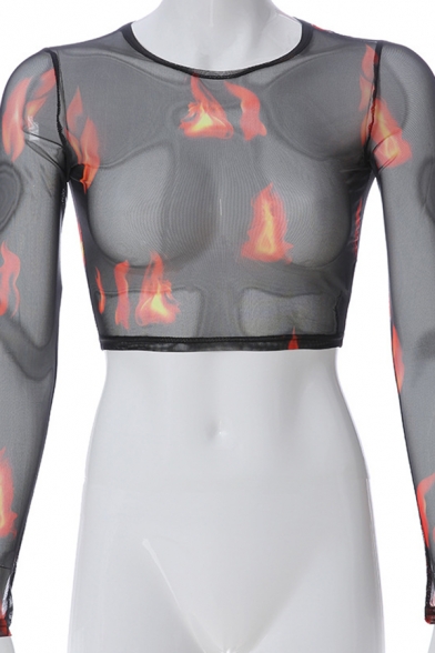 Girls' Hot Black Long Sleeve Crew Neck Flame Printed See-Through Mesh Crop Top for Club