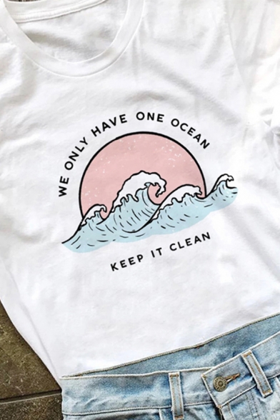 Girls Simple Sea Wave Pattern WE ONLY HAVE ONE OCEAN Print Short Sleeve White T-Shirt