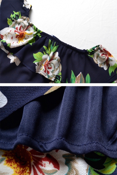 Glamorous Ladies Short Sleeve Off The Shoulder Zip Back Floral Print Ruffled Trim Slit Front Midi Wrap Sheath Dress