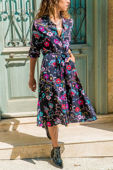 Gorgeous Ladies' Long Sleeve Lapel Collar Floral Print Button Down Tied Front Fitted Midi A-Line Shirt Dress