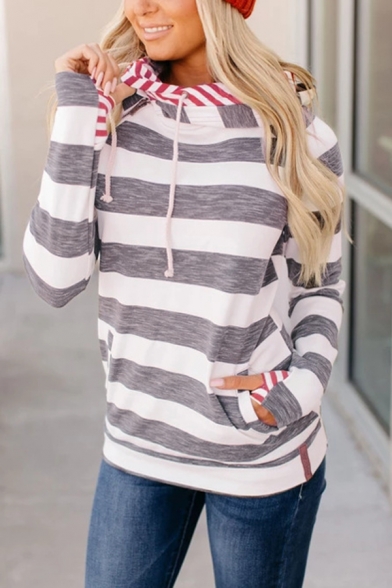 Gray Stripes Printed Glove Long Sleeve Slim Fit Casual Drawstring Hoodie for Women
