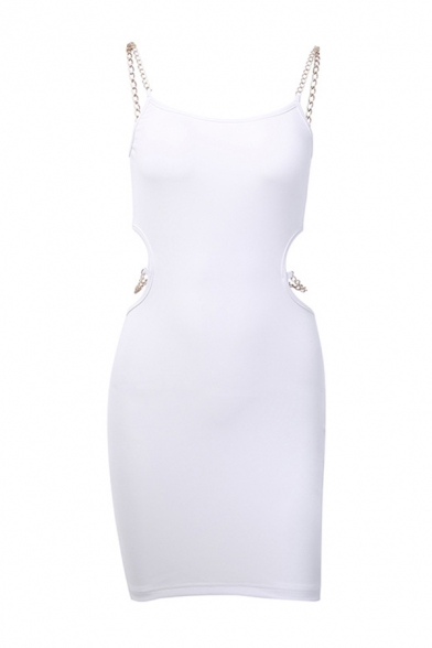 Ladies Fashionable Plain White Cut Out Chain Embellished Mini Fitted Strap Dress
