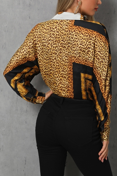 Ladies Vintage Brown Leopard Chain Printed Long Sleeve Button Down Blouse Shirt