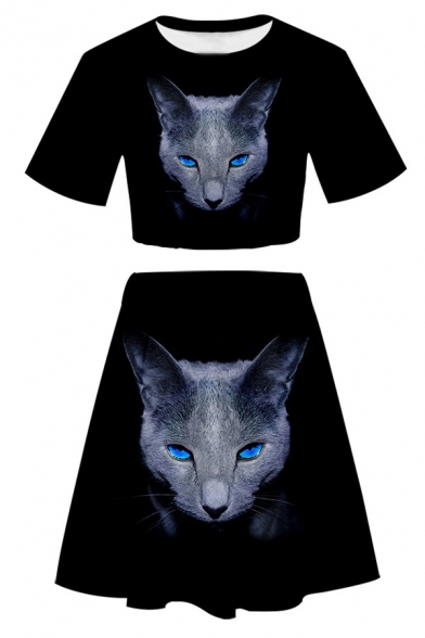 Lovely Cat 3D Printed Short Sleeve Cropped T-Shirt & Elastic Waist Midi Skirt Two Pieces Tracksuit
