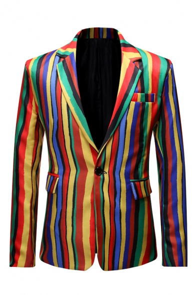 Mens Colorful Striped Printed Notched Collar Single Button Flap Pocket Casual Blazer