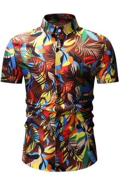 Mens Creative Colorful Geometric Leaf Pattern Short Sleeve Button Up Hawaii Shirt