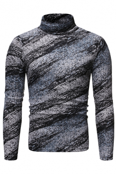 Mens Gray Popular Turtleneck Long-Sleeved Marbled Stripe Pullover Sweater Top