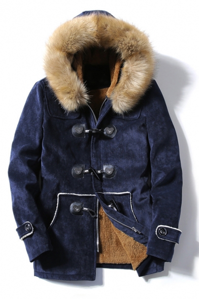 Mens New Trendy Navy Long Sleeve Loose Buckskin Toggle Coat Parka with Fur Patched Hood