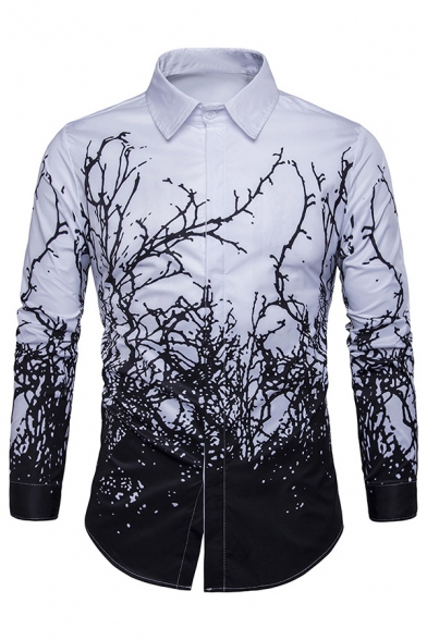 Mens Personality Branch Printed Long Sleeve Button Up White and Black Shirt